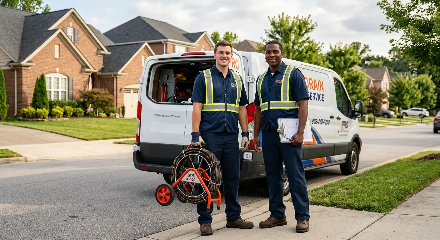 Sewer and drain service team with equipment ready for work in Forest City