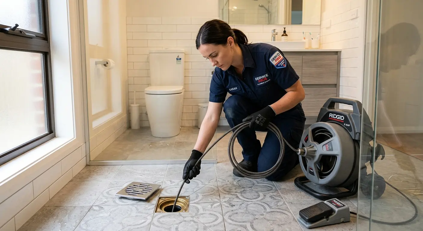 Technician clearing a bathroom floor drain for Drain Repair in Forest City
